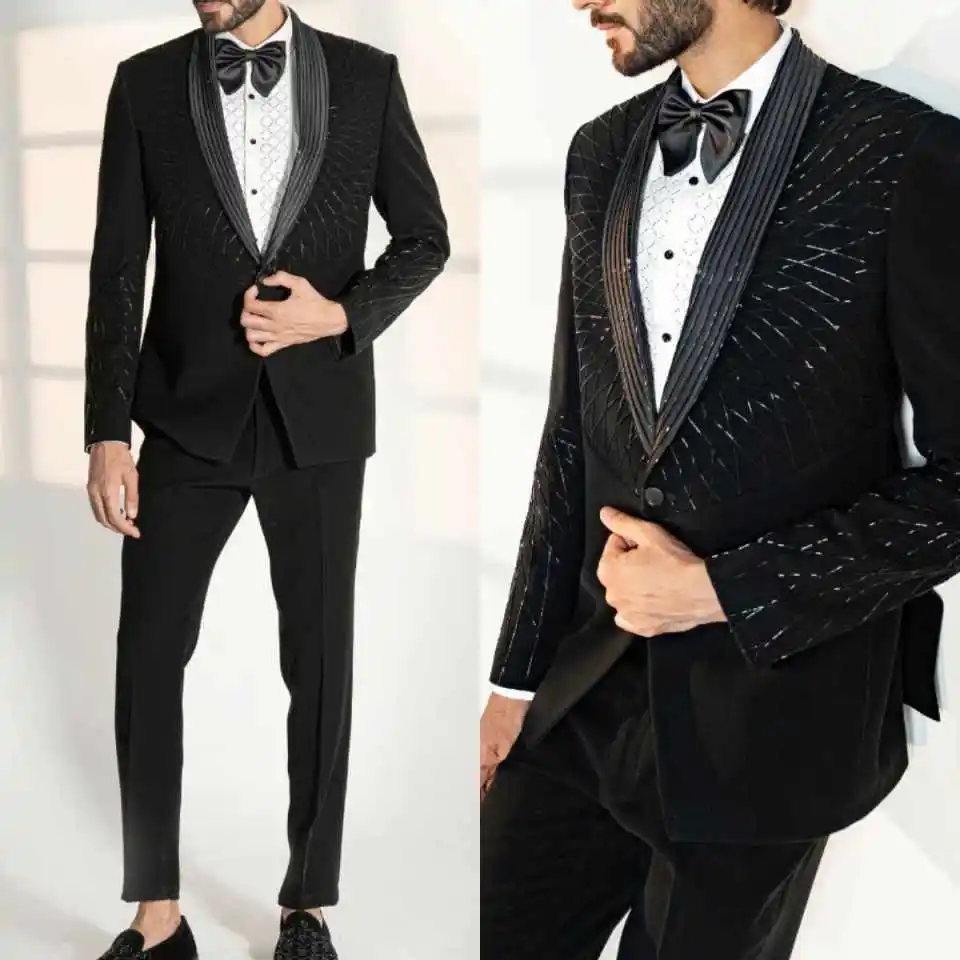 

Classic Mens Suits 2 Pieces Blazer Pant Shawl Lapel One Button Sequins Crystal Formal Occasions Party Customized Ropa Hombre