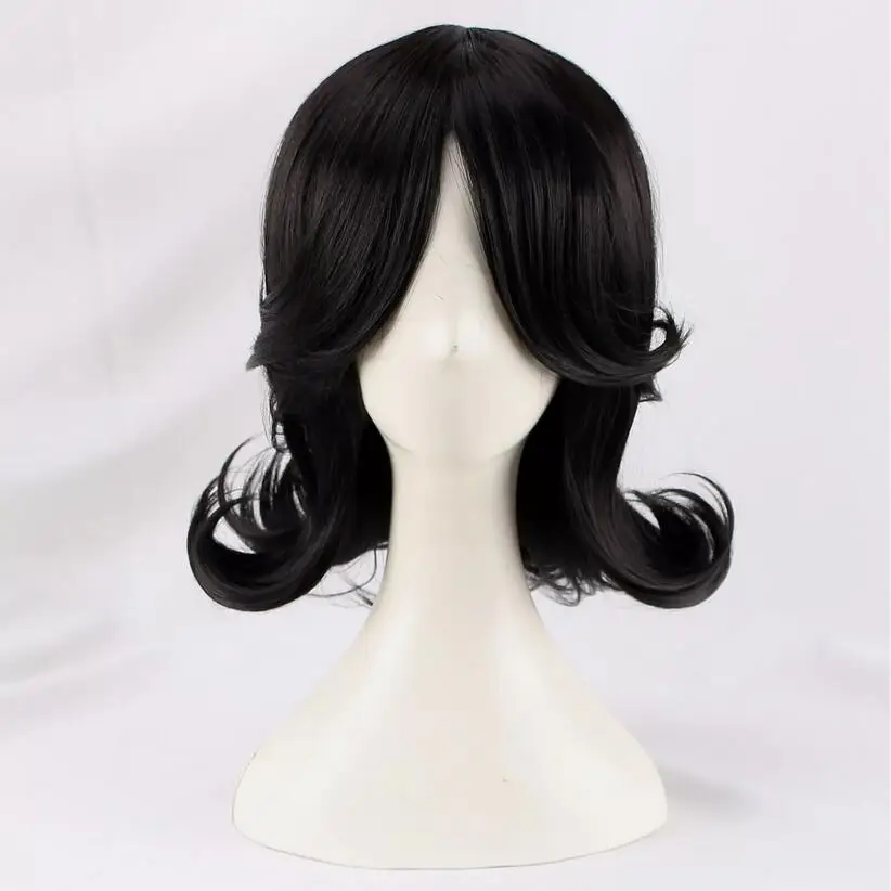 Wig Cosplay wanita, rambut palsu pendek berombak hitam