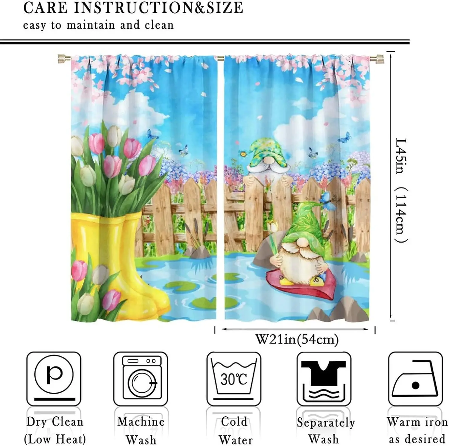 Hello Spring Gnomes Tulip Blackout Curtains for Bedroom - Vintage Watercolor Farmhouse Boots Hydrangea Floral Window Treatment