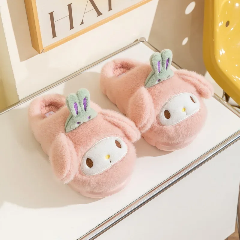 Genuine Sanrio Hello Kitty Plush Slippers Kuromi My Melody Warm Winter Indoor Slippers Flat Casual Non-slip Girl Home Shoes