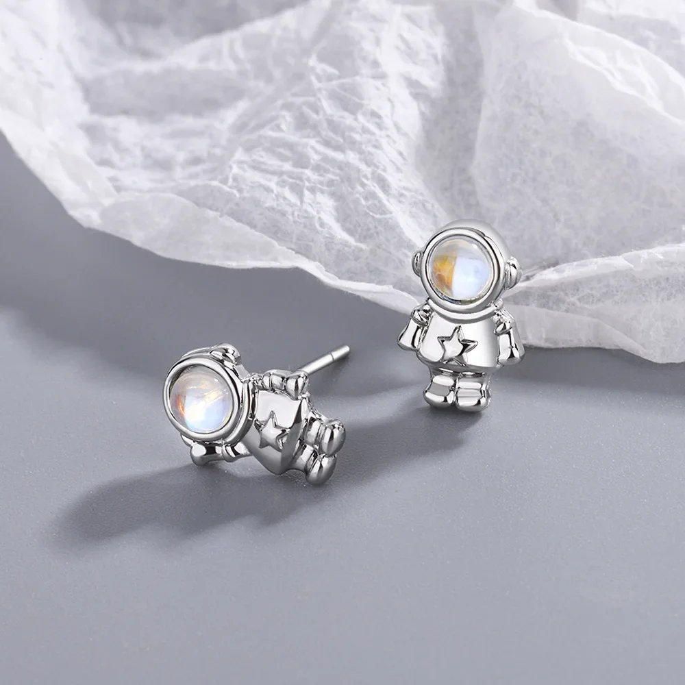 New Silver Plated Female Earrings Asymmetric Cute Space Astronaut Planet Opal Stud Earrings for Women Ear Piercing Jewelry