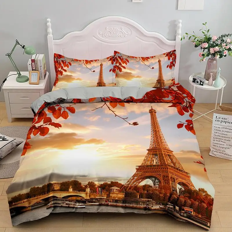 

Eiffel Tower Duvet Cover Set King Polyester Eiffel Tower At Sunset Paris Theme Bedding Set Romantic France Quilt Cover For Adult