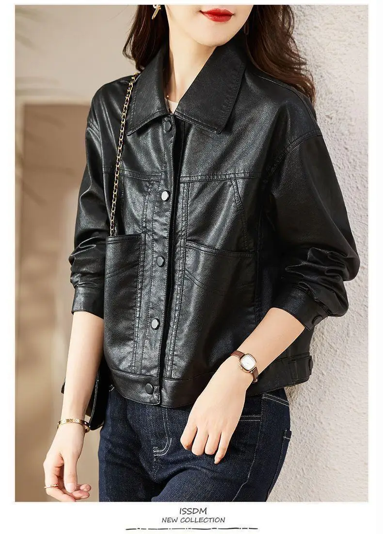 Autumn Spring Turn-down Collar Women Leather Jacket Single-breasted Faux Leather Coat Pockets Short Top Bomber Jacket Outerwear