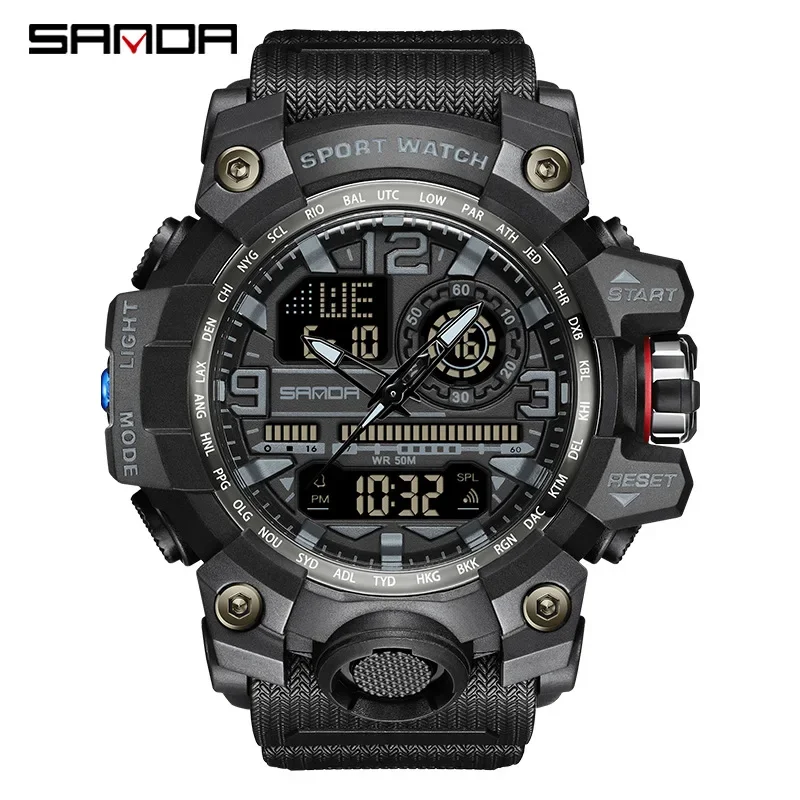 SANDA 3133 Men Electronic Watch Trendy Fashion Sport Date Waterproof Pointer Digital Analog Dual Display Wrist Watch for Student