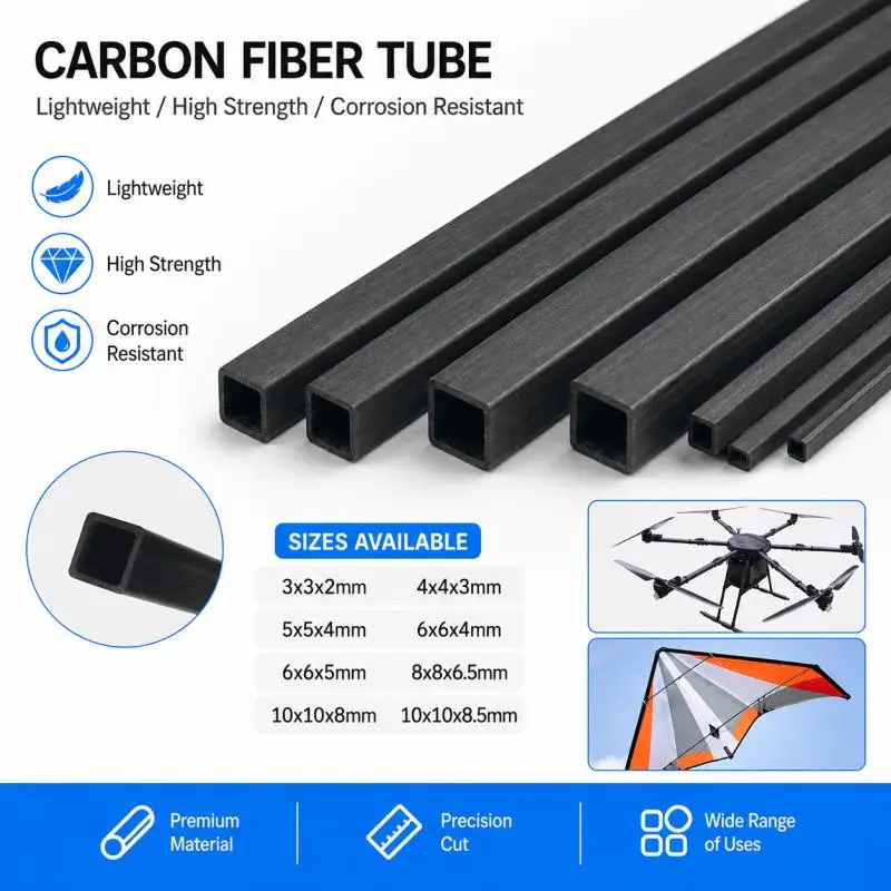 1/2/3Pcs Carbon Fiber Square Tubing 3/4/5/6/8/10mm X 500mm,  Square Interior, for Drone & Model Making