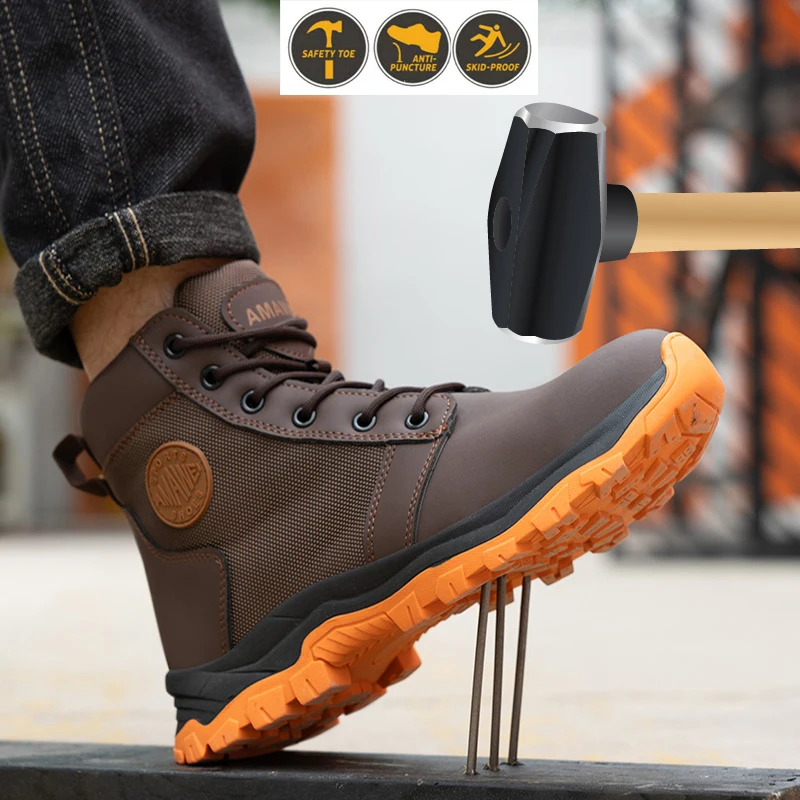 Waterproof Borwn Color Safety Shoes Men Steel Toe Work Boots Unisex Hiking Trail Anti-smash Non Slip Botas Platform Men Boots