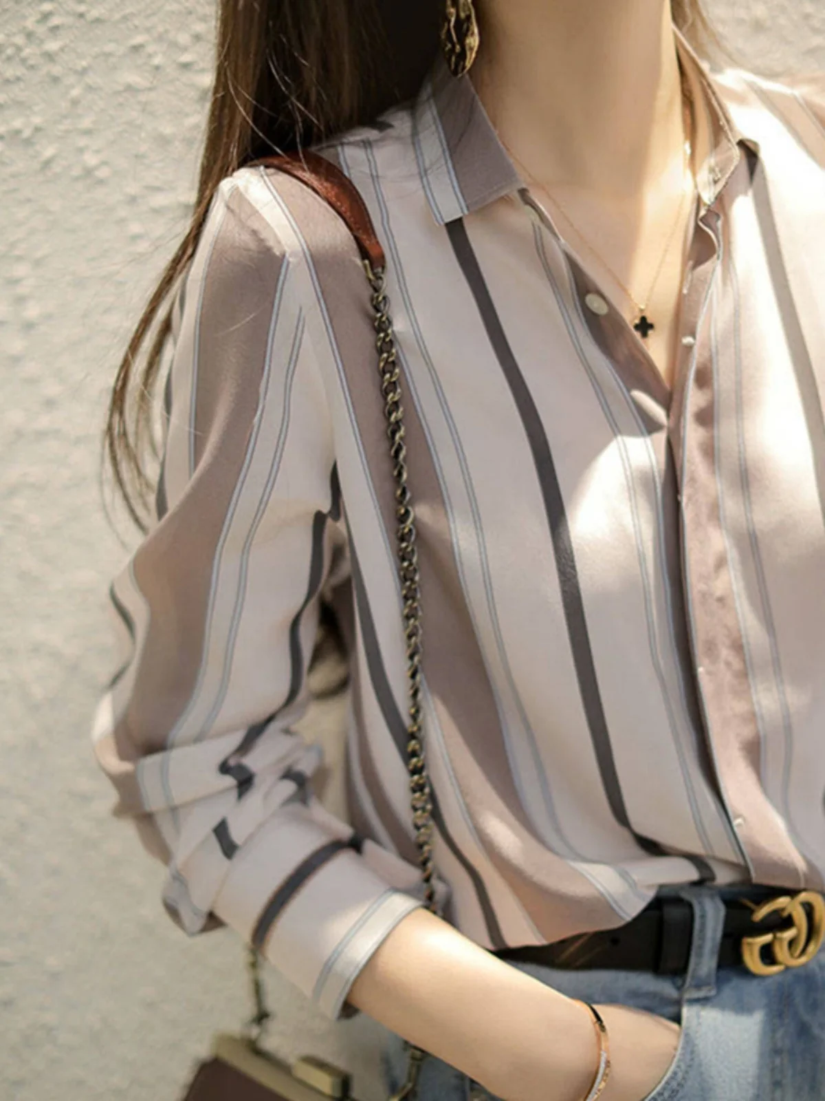 

Women's Vintage Vertical Stripes Loose Shirt Fashionable Spring Autumn Top Button up Korean Style Long Sleeve C...