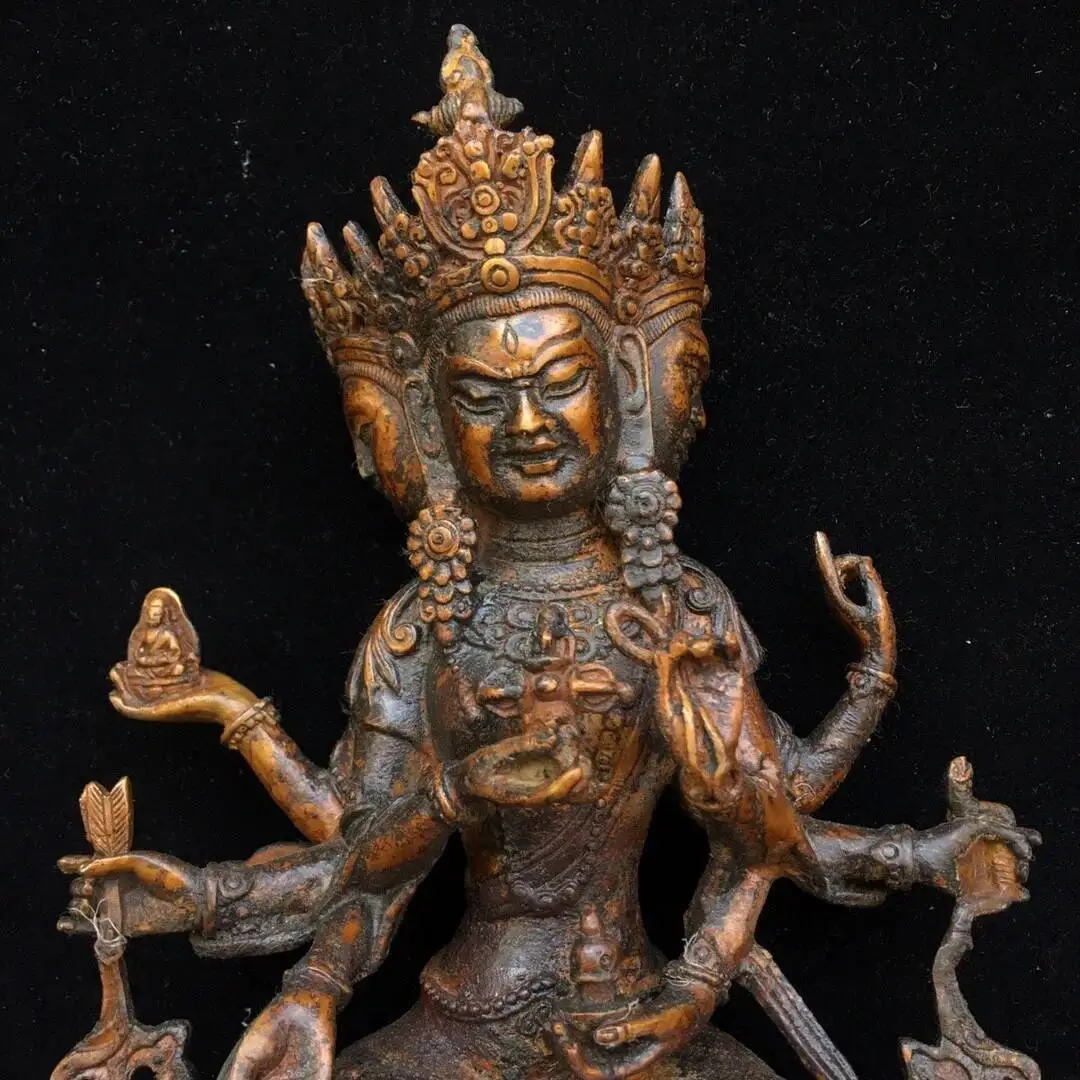 Collect Buddhism Old Copper Hand Made Three-Faced Buddha Statue Decoration
