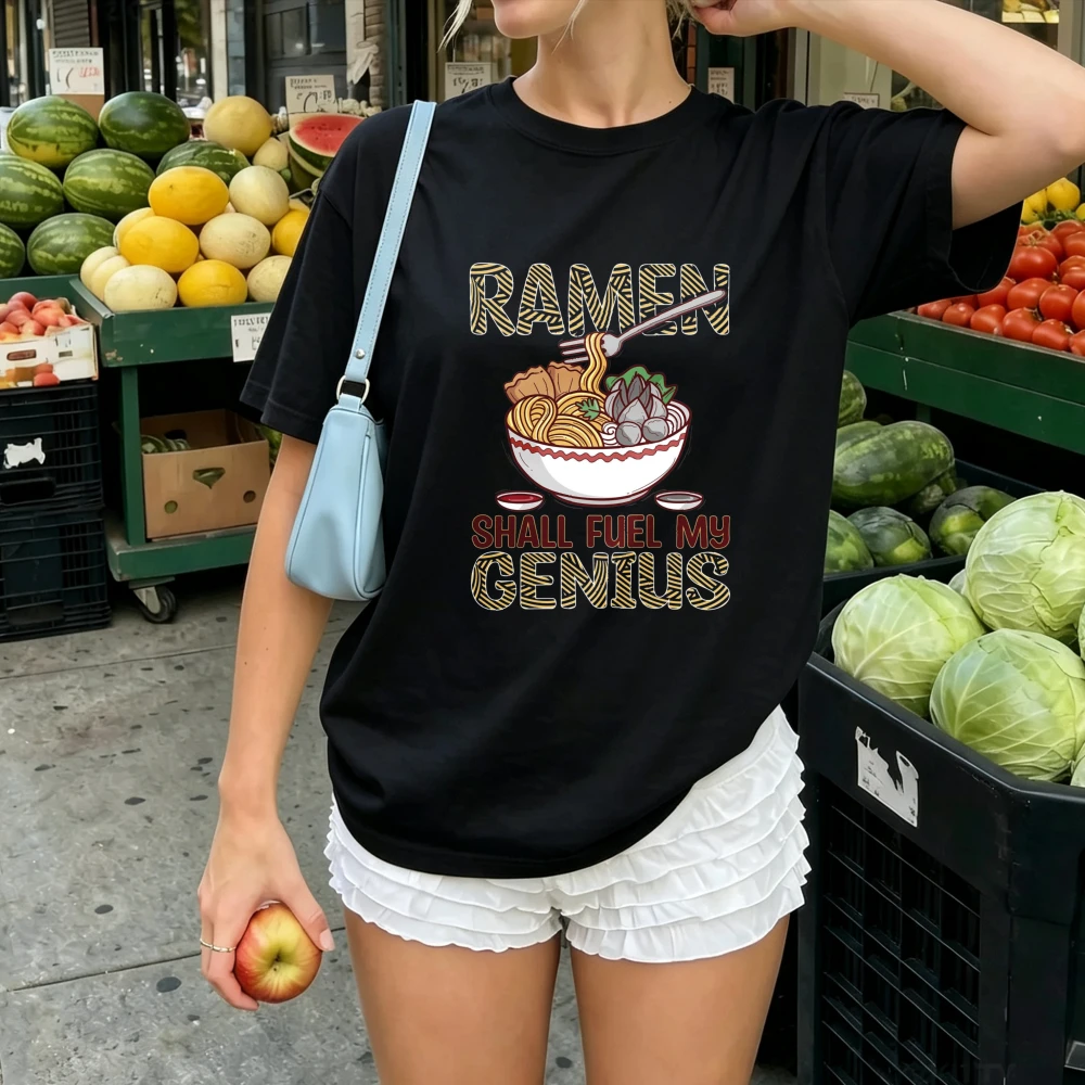 Women T Shirt Ramen Noodle Bowl with Fork Graphic Ramen Shall Fuel My Genius Letter Print Cotton Tee Japanese Food Casual Tops