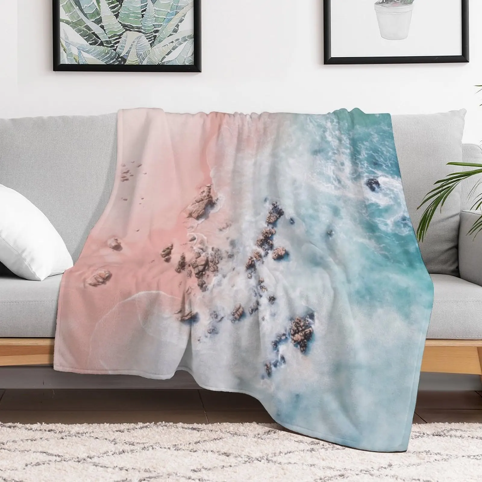 Sea Bliss - Aerial Pink Beach Ocean Sea photography by Ingrid Beddoes Throw Blanket