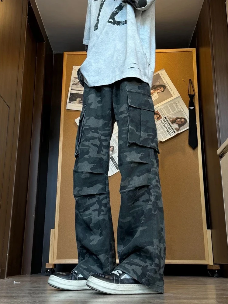 

Американские ретро-брюки с камуфляжным принтом, мужские, осенние, в стиле High Street, джинсы с широкими штанинами, прямые, слегка расклешенные
