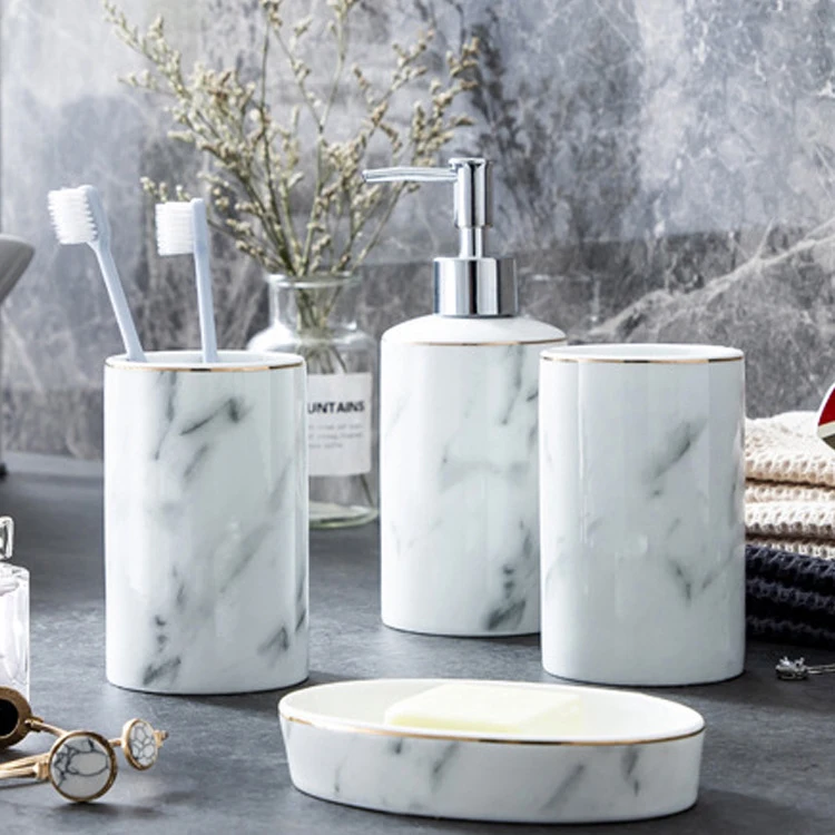 Gray Marbling Bathroom Set Ceramics Lotion Bottle Mouth Cup Soap Dish Plastic Rectangular White Tray Five piece