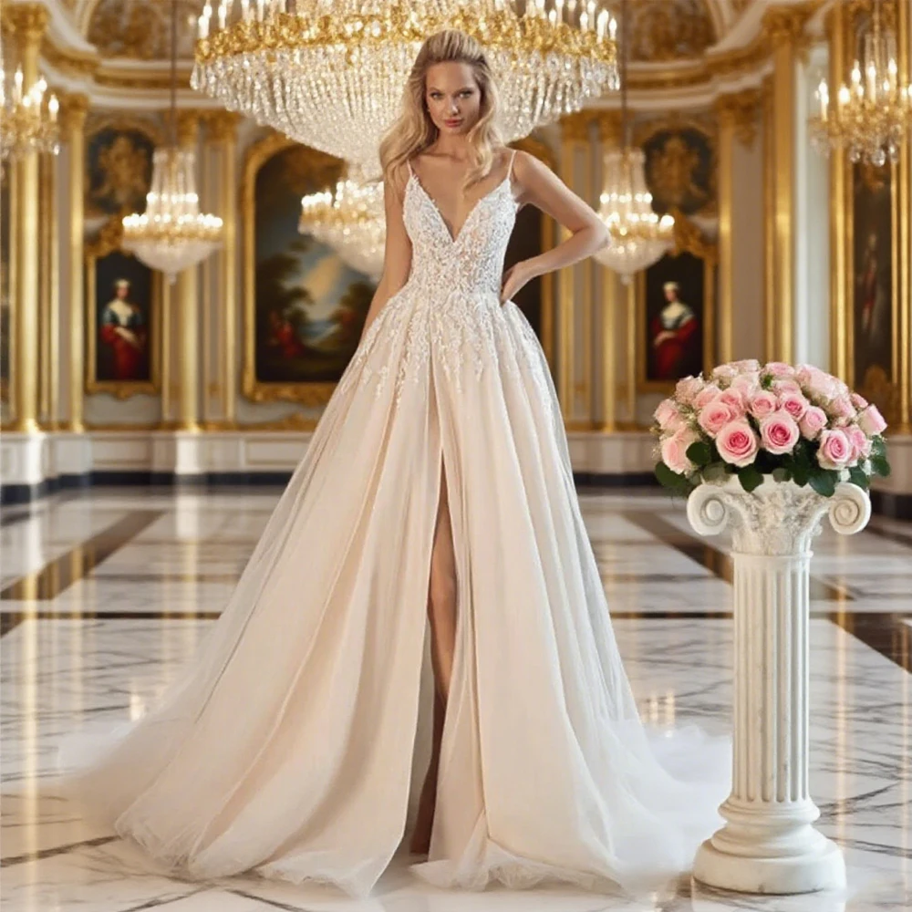 Spaghettibandjes Trouwjurken Mouwloos Ivoor Kant Bruidsjurken Hof Trein Vestido De Novia Prachtige Nieuwe Robe De Zomer