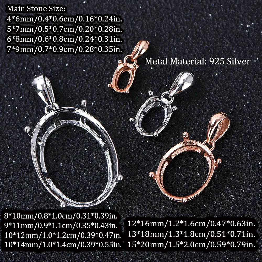 1pc Simple Oval Prong Bezel Settings For Gemstone CZ Stone Solid 925 Sterling Silver DIY Pendant Charm Tray Multi Sizes Optional
