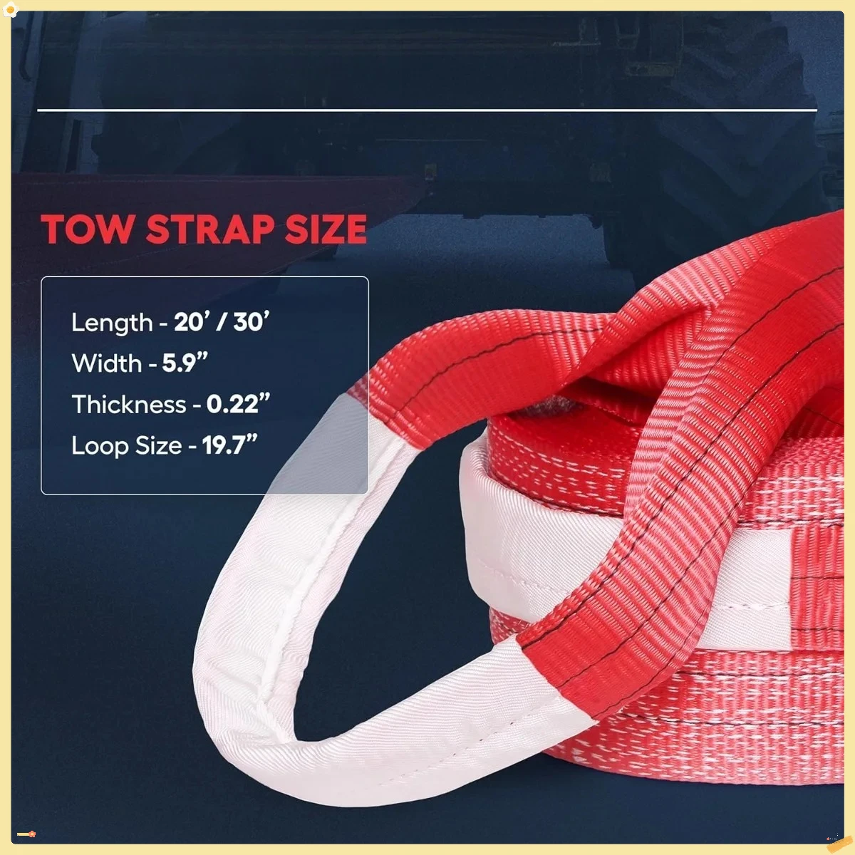 Tow Rope Heavy Duty 30ft 85000 lbs Minimum Break Strength - Recovery Strap 42 US Tons 9m for Trucks and Buses