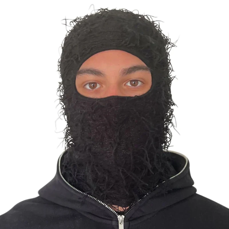 Y2K Knit Distressed Balaclava Distressed Knitted Full Face Ski Mask Ski Balaclava Fuzzy Balaclava Camouflage