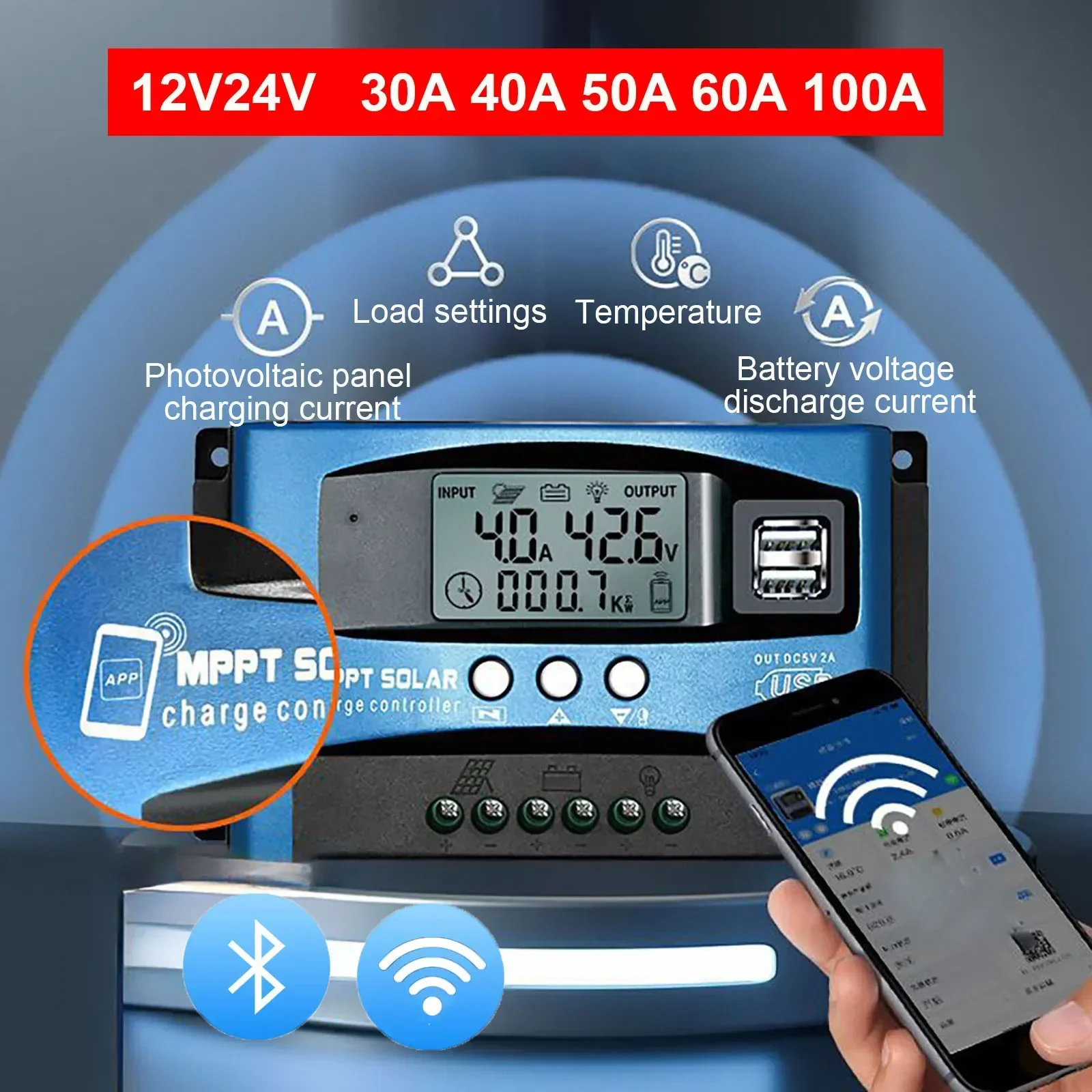 

30A 40A 50A 60A 100A WiFi+BT Solar Charger Controller 12V24V Charging MPPT Controllers LCD Dual USB Solar Cell Charger Regulator