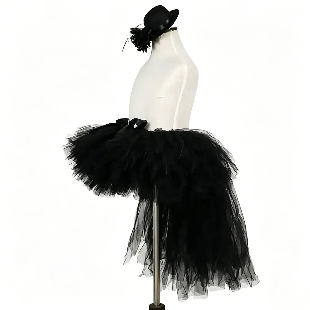 Children Black Hi Low Long Train Princess Tulle Tutu Dress Children Stage Performance Halloween Party Photoshoot Birthday Outfit