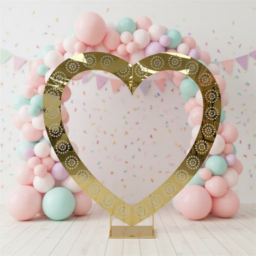 New Design Shiny Heart Shape Golden Metal Arch Backdrop Party Frame Stand For Wedding Decoration