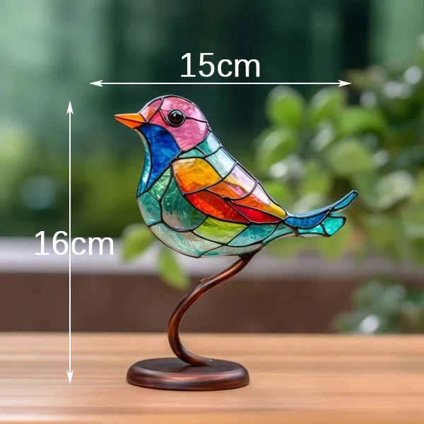 Stained Birds on Branch Desktop Ornaments Home Accessories Home Decor Glass Bird Sculpture Table Accent Colored Figurine Metal