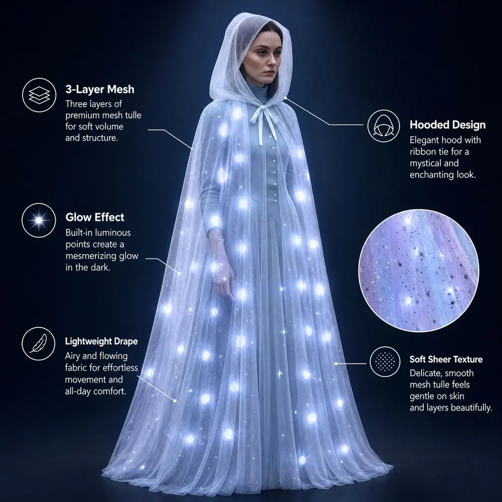 New Design with Oversized Hood LED Halloween Hooded Cloak Vintage Lace-up Vintage Hooded Cape Black Color Overcoats