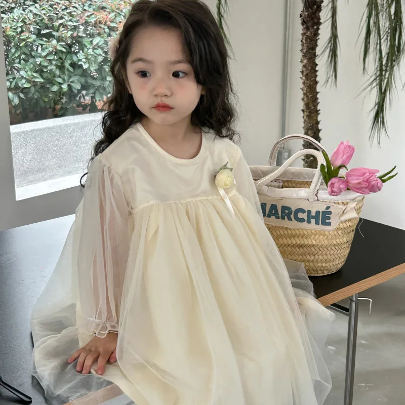 2024 Autumn Korean Kids Baby Girls Dress Mesh Flower Patched Long Sleeve Solid Children Girls Dress Toddler Girls Dress