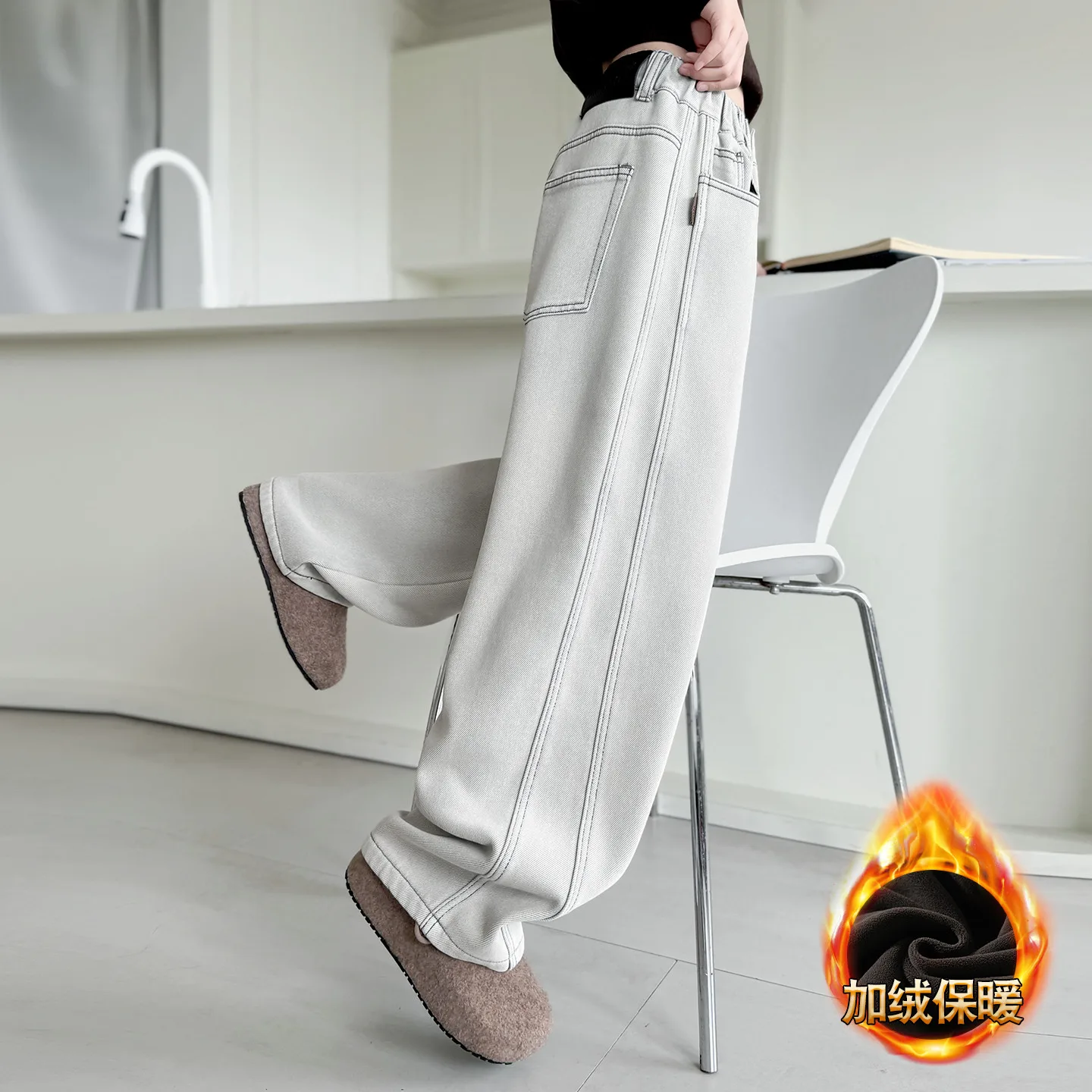 Pantalon carmesim en velours côtelé chaud pour filles, Style ample, épais, de rue, isolé, Denim blanc, automne et hiver