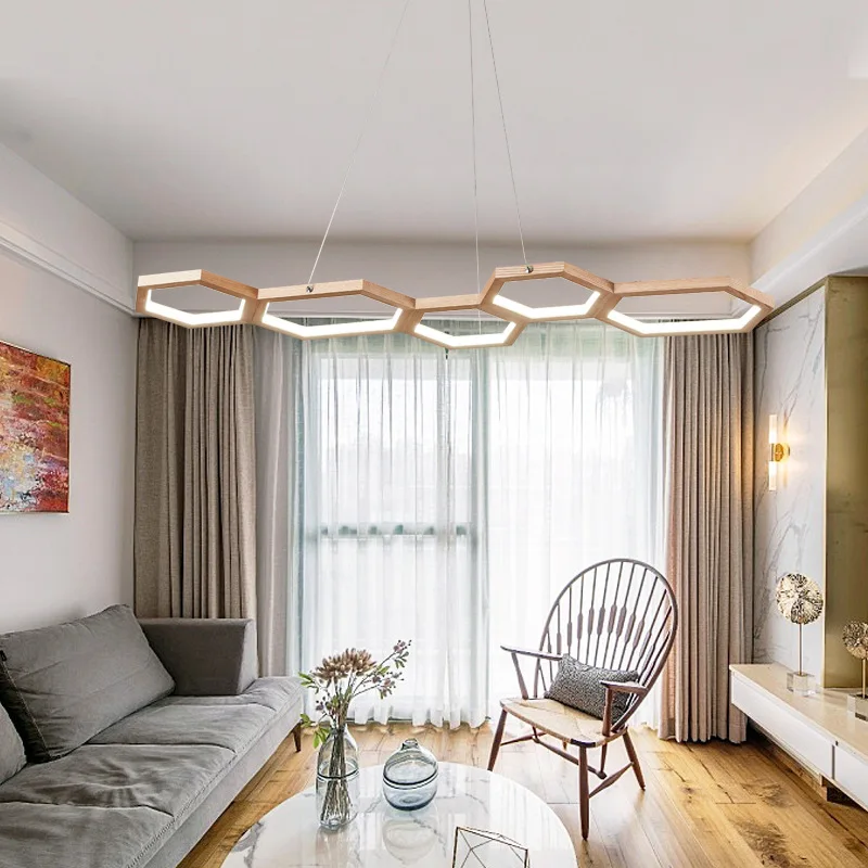 

Nordic modern Wood Led Chandelier Hexagonal Pendant Lamp For Living Room Kitchen Bedroom Acylic Ceiling Hanging Light bedside