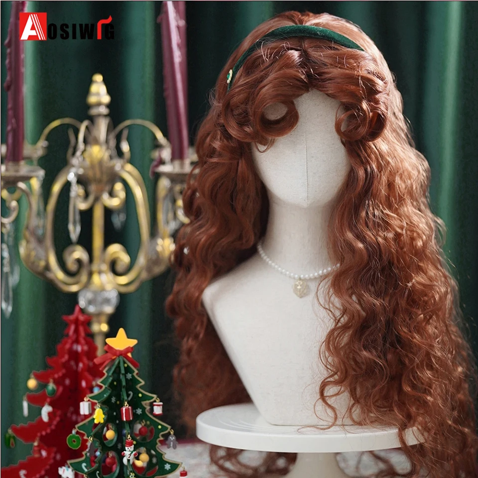 Aosiwig synthetische lange Retro lockige Haar Perücken Lolita lockiges Haar mit Pony für Frauen Halloween Cosplay Perücke