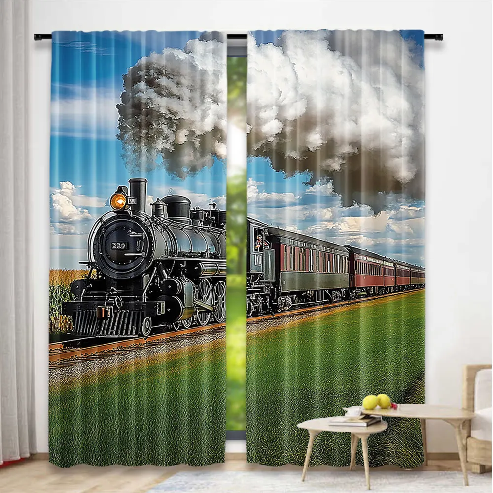 2Pcs Steam Engine Curtains Vintage Locomotive In Countryside Scenery Green Grass Train Living Room Bedroom