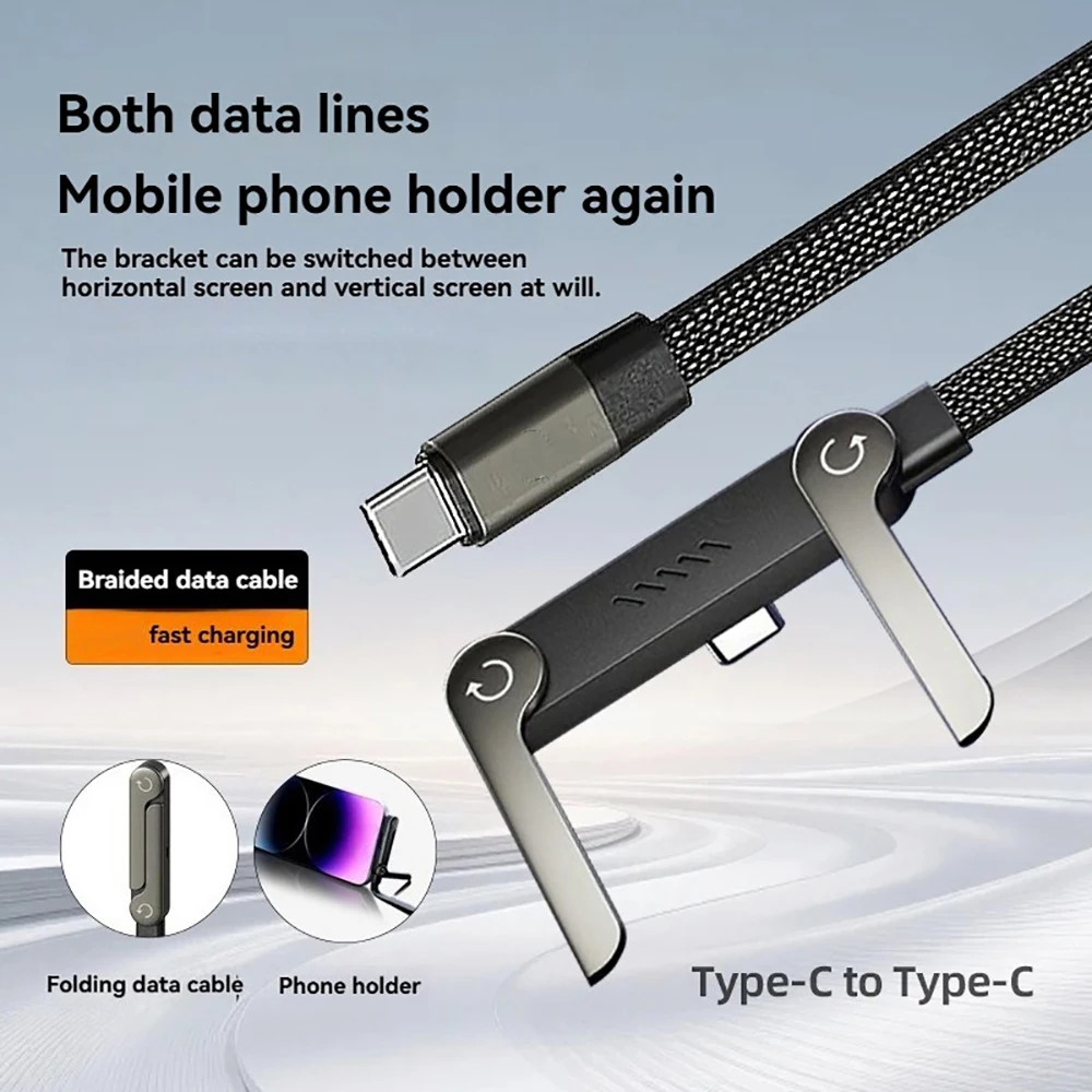 240W 2 in 1 USB C to USB C Fast Charging Foldable Bracket Data Cable Type C Desktop Holder Charging Wire For Iphone17 16 Samsung