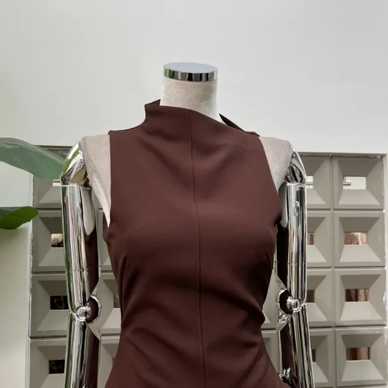 KBQ Solido Dimagrante Una Linea di Abito Per Le Donne Irregolare Senza Maniche A Vita Alta Impiombato Cerniera Design Minimalista Vestito Moda Femminile