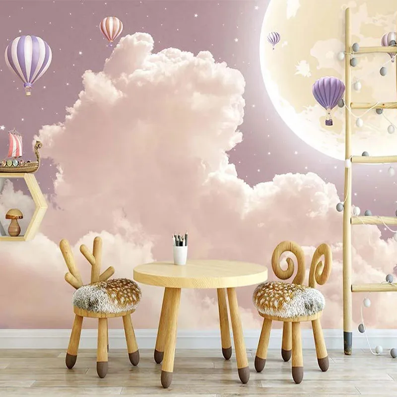 

Custom Mural Wallpaper Nordic Hand-painted 3D Clouds Hot Air Balloon Wall Painting Children's Room Background Wall Decor