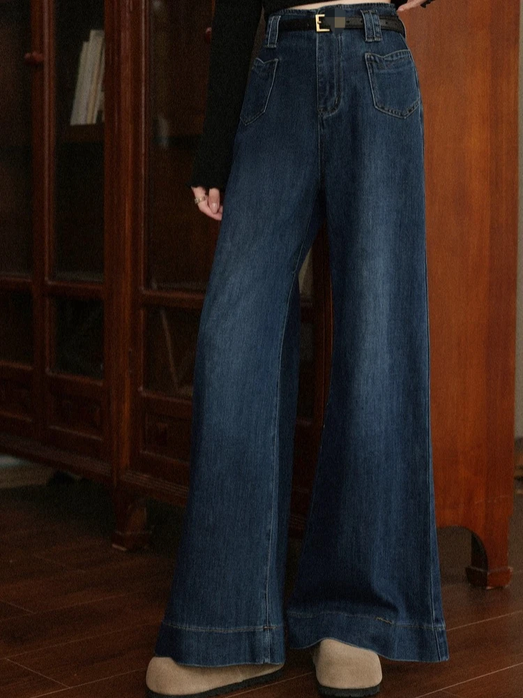 

ALXNAN Women's Blue Jeans 2025 New Autumn High-Waisted Straight-leg Flared Pants Loose Fit Retro Elegant Casual Trousers L576103