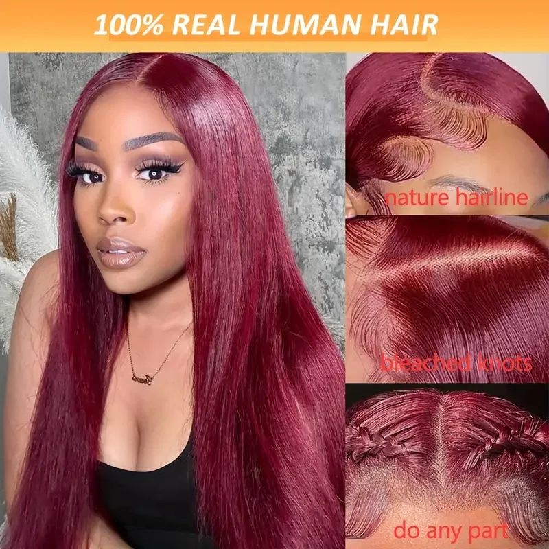 99J Transparent Lace Frontal Human Hair Wig Pre Plucked Red Straight Colored 13x6 Lace Front Human Hair Wigs For Women Glueless