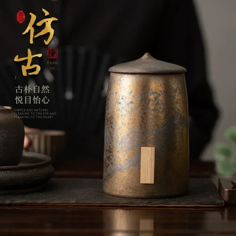 Retro Gilded Iron Glazed Tea Box Organizer Bamboo Hat Moisture-proof Storage Tank Containers Tea Caddy Chinese Tea Set Craft