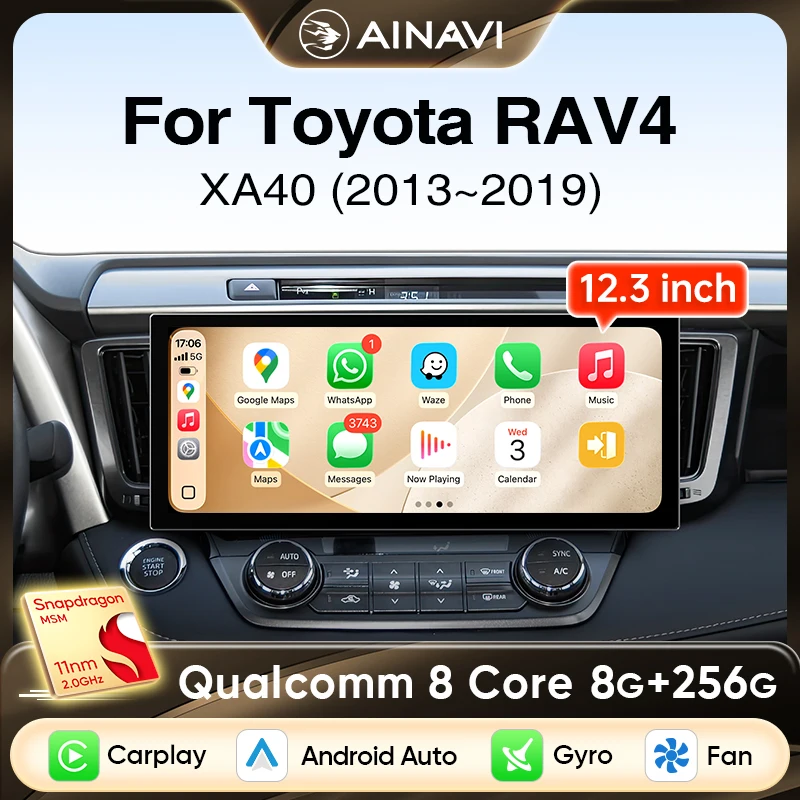 Ainavi 12.3 inch Car Radio For Toyota RAV4 2013 2014 2015 2016 2017 2019 XA40 Wireless Carplay Android Auto Car Multimedia 2 Din