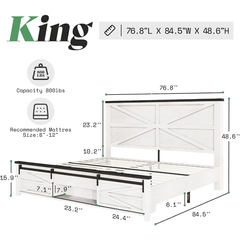 King Bed Frame with Sliding Barn Door Storage Cabinets and Headboard Solid Wood Slats Support No Box Spring Needed Bed Frame