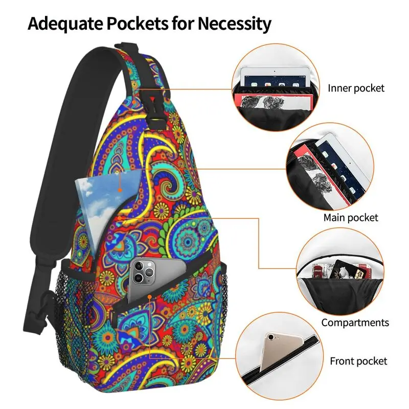 Cool Colorful Retro Paisley Pattern Crossbody Sling Backpack Men Boho Bohemian Floral Art Shoulder Chest Bags for Camping Biking