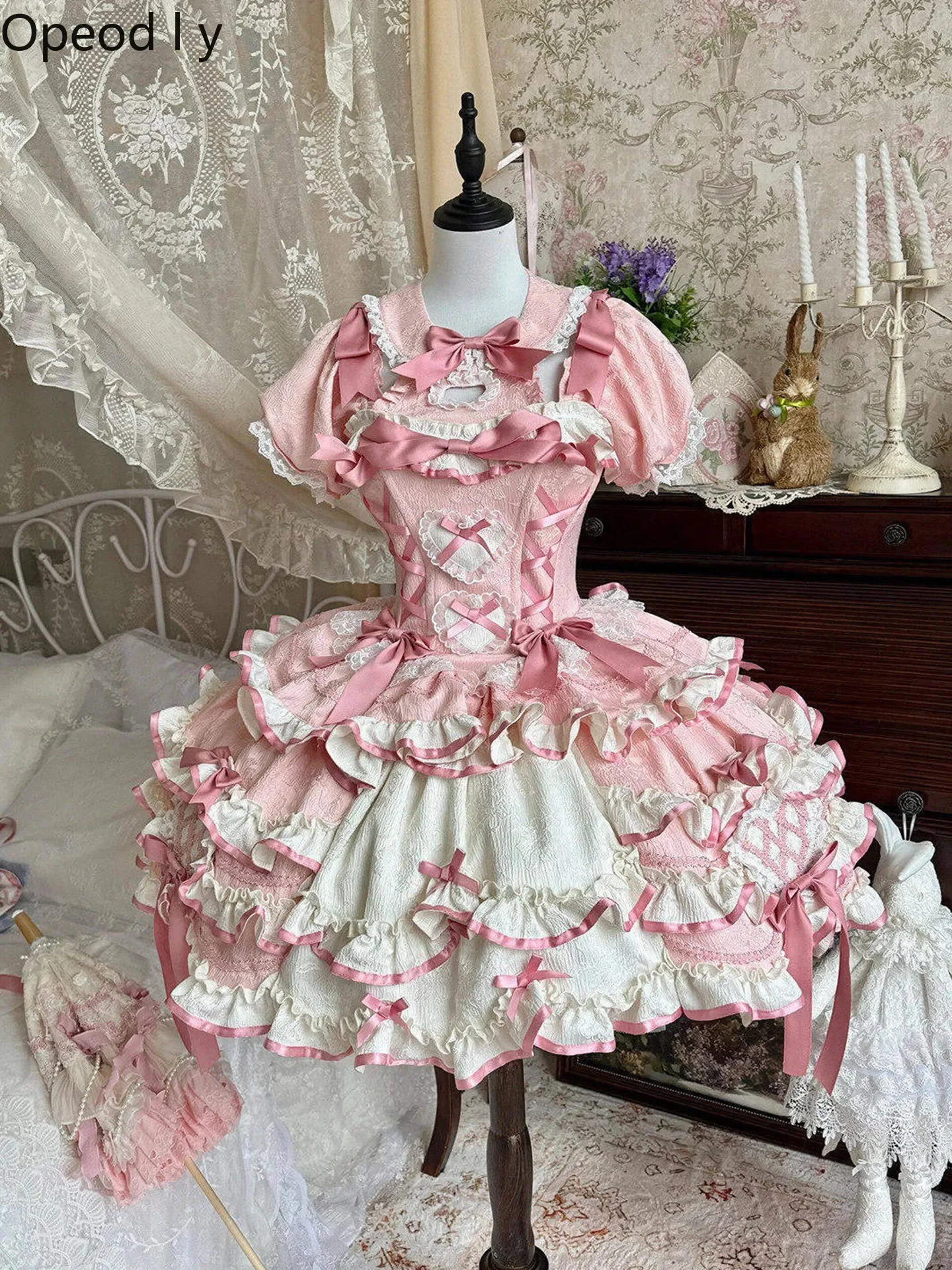 Pink Cute Sweet Cartoon Rabbit Lolita Original Design Op Dress Japanese Girly Bow Fluffy Trailing Princess Dress