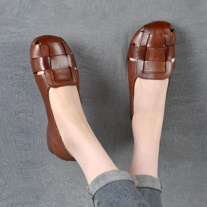 

2024 New Braid Cutout Loafers Women's Brown Moccasins Female Vintage Shoes Slip On Leisure Retro Flats