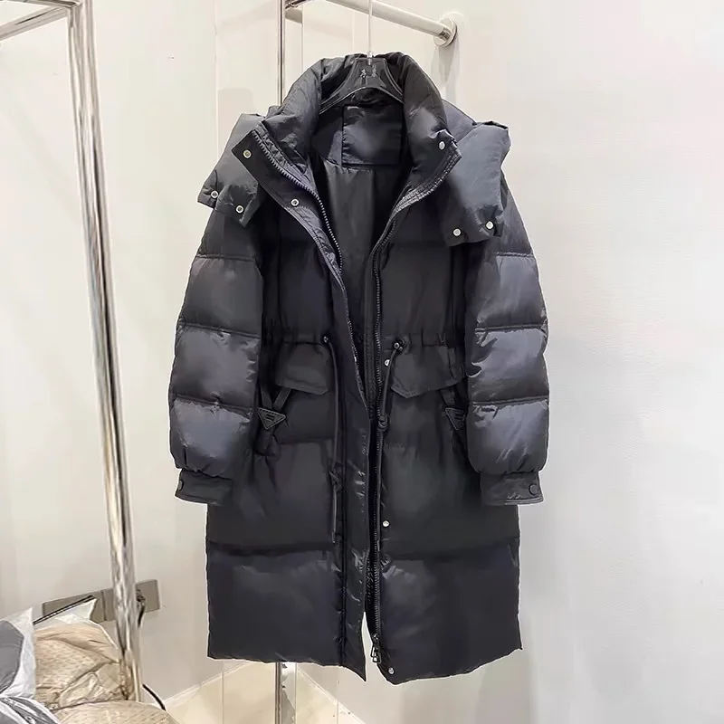 Long White Duck Parkas for Women, Hooded Down Jacket, Light, Luxury, Waisted, Warm Down Coats, Korean Fashion, Winter, 2024