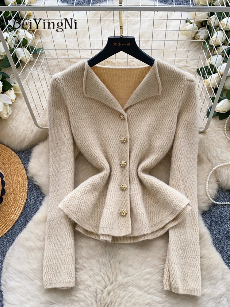 

Beiyingni Korean Fashion Long Sleeve Sweaters for Women Single Breasted Solid Color V-neck Cardigans Ladies Elegant Slim Jumper