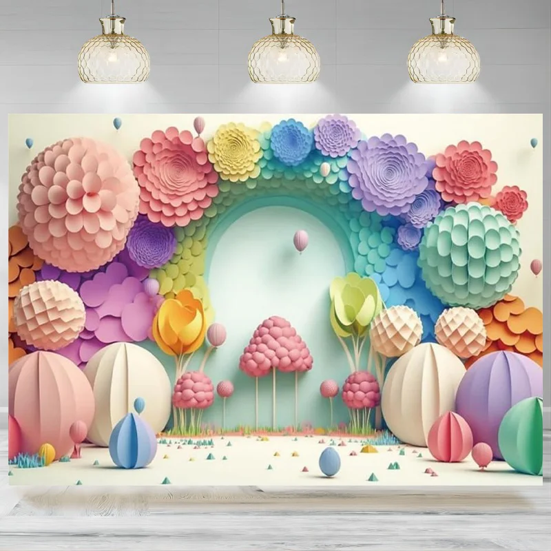 Paper Flowers Backdrop Colorful Cut Paper Floral Rainbow Arch Hot Air Balloon Photography Background Party Wedding Banner