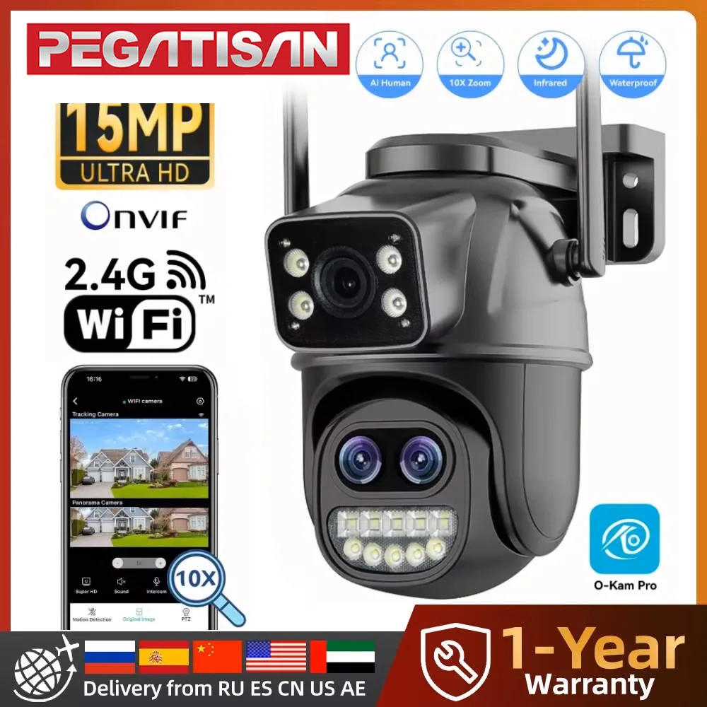 PEGATAH 15MP WiFi Security Camera PTZ Outdoor Dual Screen 10X Zoom Human Detection 10MP Surveillance Video Camera O-Kam Pro
