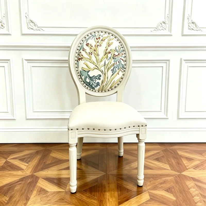 French light luxury white solid wood dining chair round embroidery backrest design high-end desk chair living room leather dinin