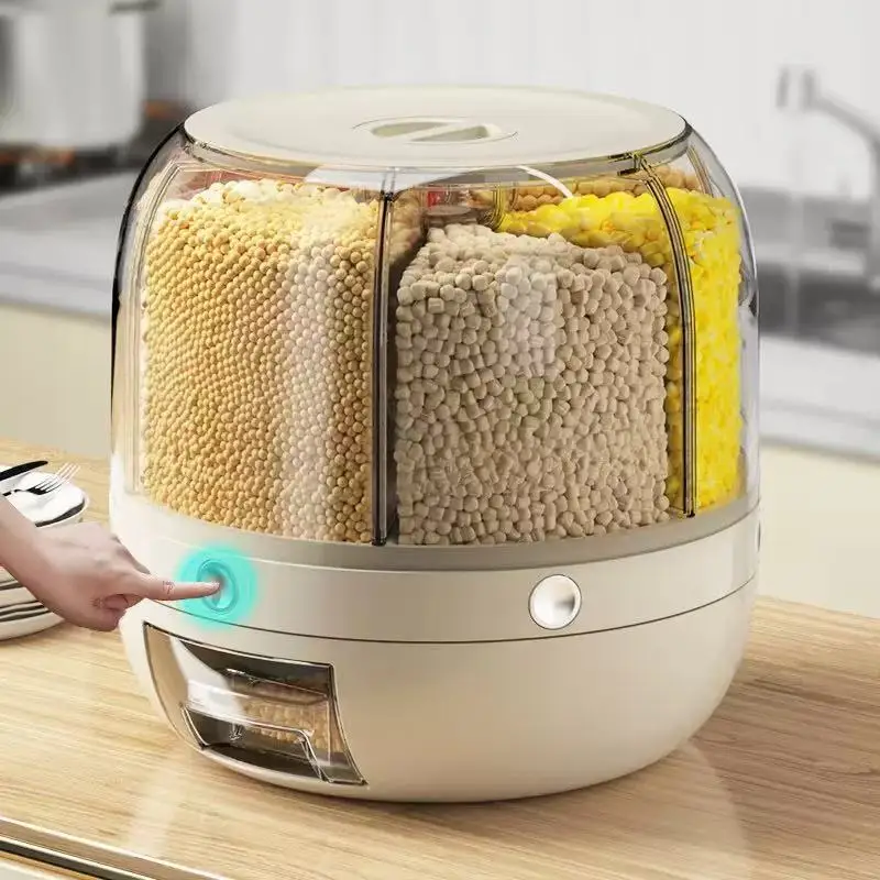 

1, 360 ° rotating candy dispenser, large capacity 33pound storage bucket, multiple compartments, moisture-proof and insect proof