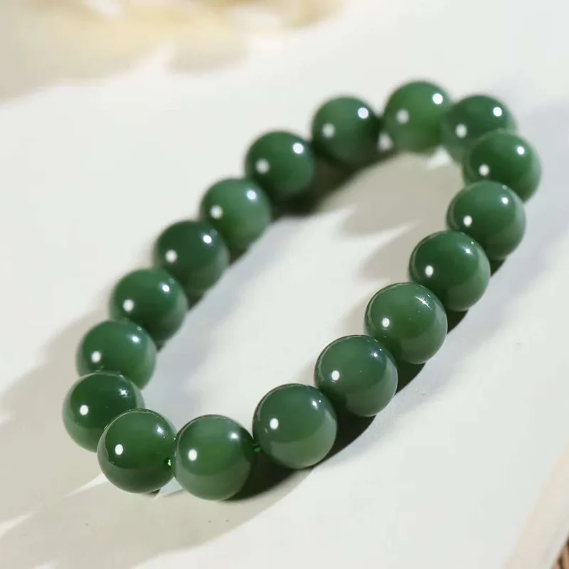 

Natural Xinjiang Hetian Russian Jasper Spinach Green Pearl round 12mm Jade Bracelet