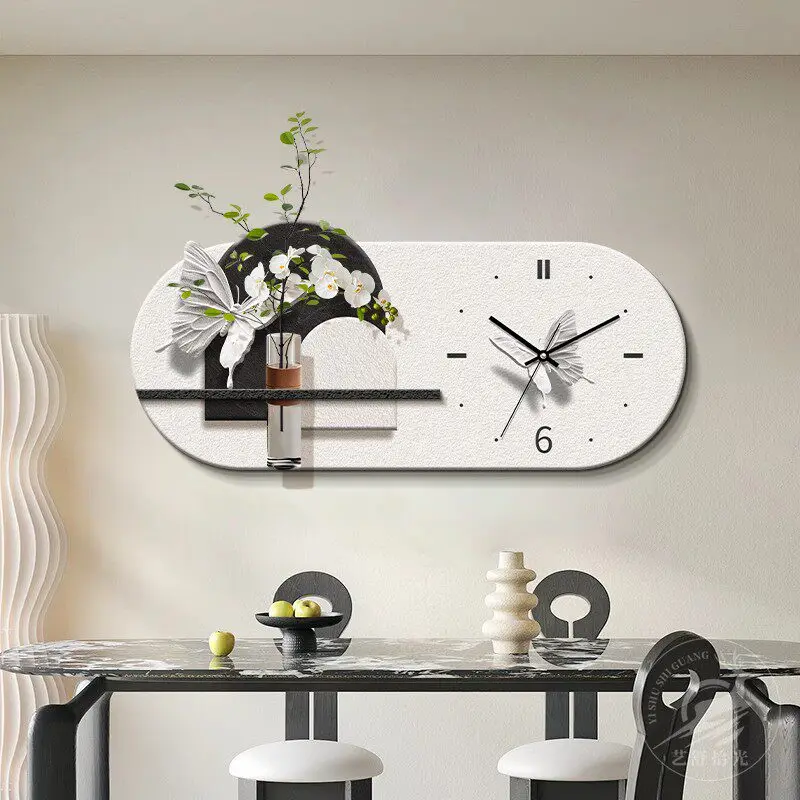 

Hydroponics Green Plant Sandstone Restaurant Wall Clock Living Room Mute Clock Background Wall Mural Hang Watch Room Decor Gift