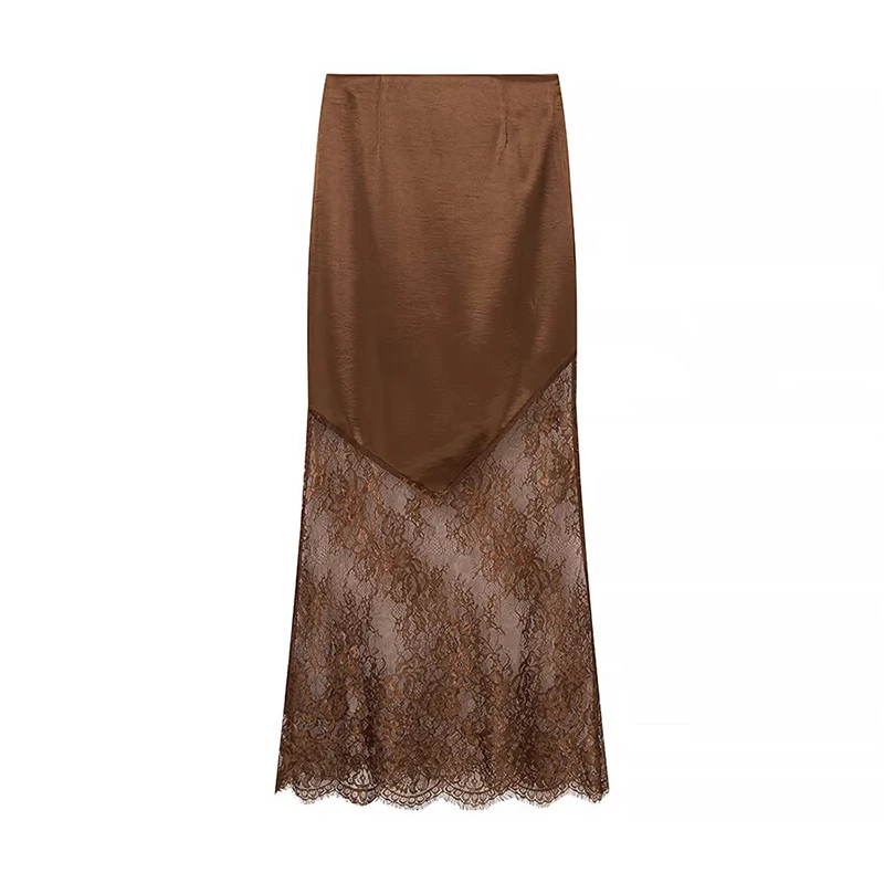

YENKYE сексуальная кружевная лоскутная атласная длинная юбка для женщин, весна-лето 2026, коричневые элегантные вечерние макси-юбки с высокой талией
